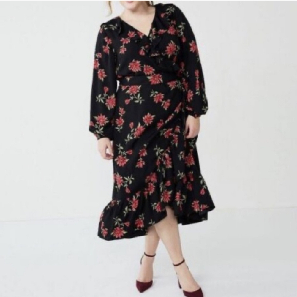 Draper James RSVP Plus Size Ruffle Wrap Dress Black and Red Floral 1X